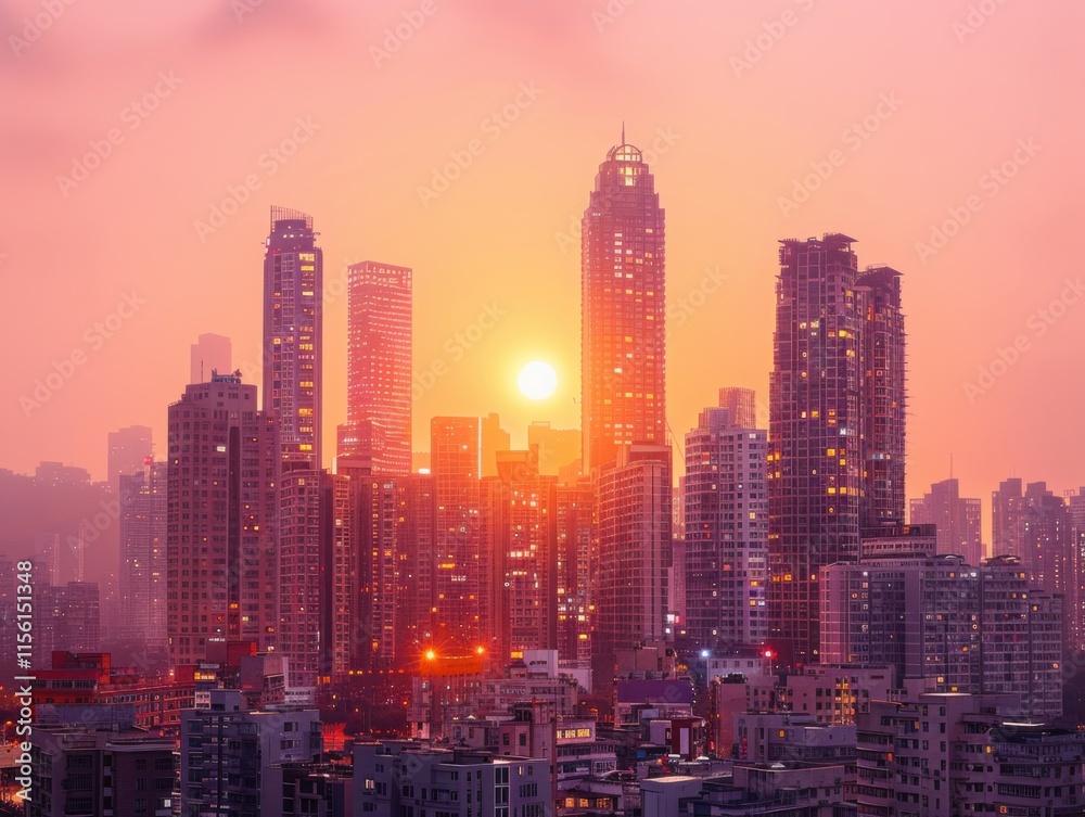 Obraz premium A stunning view of Guangzhou's skyline at sunset, silhouetted against a vibrant sky. The sun casts a warm glow over the modern high-rise buildings.