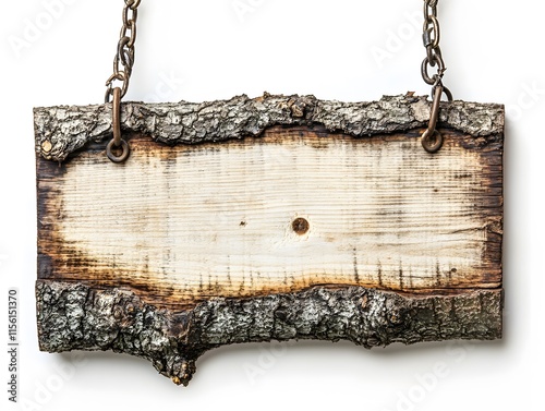 Rustic Wooden Sign with Bark, in Arch Shape, Hanging with Chains, on White Background, Abstract Image for Advertising Campaigns, Creatives, Advertisements. photo