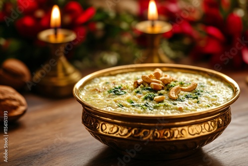 Traditional Indian sweet dish in a brass bowl with flowers. Festive food for celebrating Navratri, Onam, Pongal, Janmashtami, Ganesh Chaturthi, Dussehra, Diwali photo