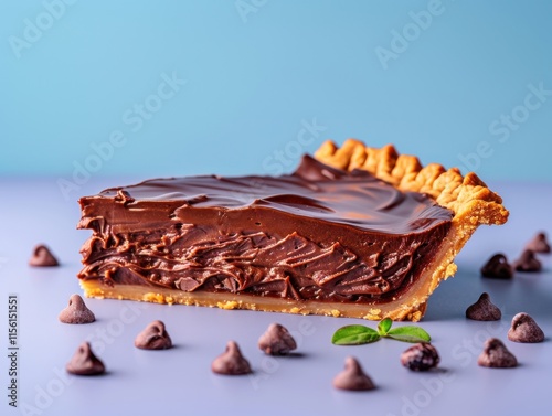 A slice of layered triple chocolate pie with a smooth glossy top, isolated on a light blue background, surrounded by chocolate chips and garnished with a mint leaf. photo