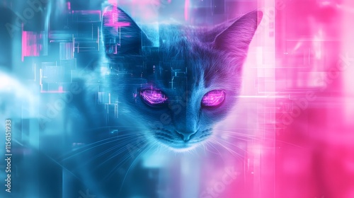 Cyberpunk Cat Neon Eyes Digital Art Blue Pink Background. Generative AI photo