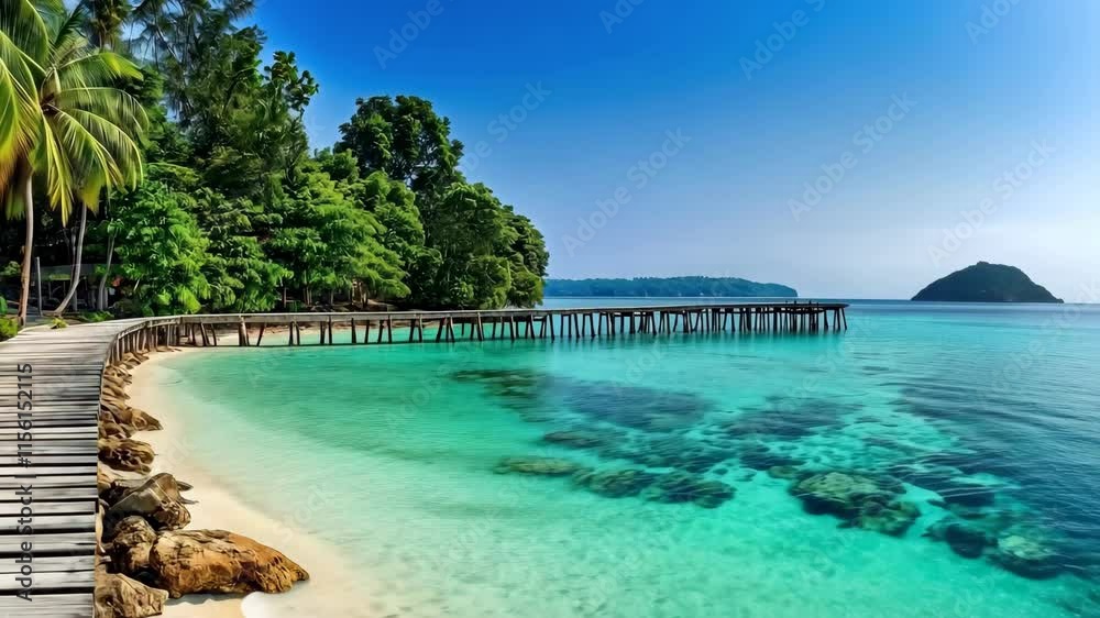 Tropical Paradise Serene Beach with Turquoise Water and Charming Pier Amidst Palm Generative Ai Tropical Paradise Serene Beach with Turquoise Water and Charming Pier Amidst Palm Generative Ai