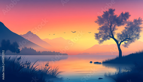 Serene Sunset Landscape With Lake And Mountains