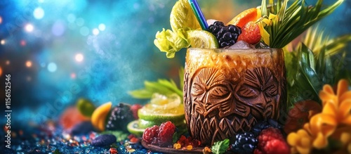 Wallpaper Mural A vibrant tiki cocktail served in a carved tiki mug, adorned with tropical garnishes and vivid colors, Torontodigital.ca