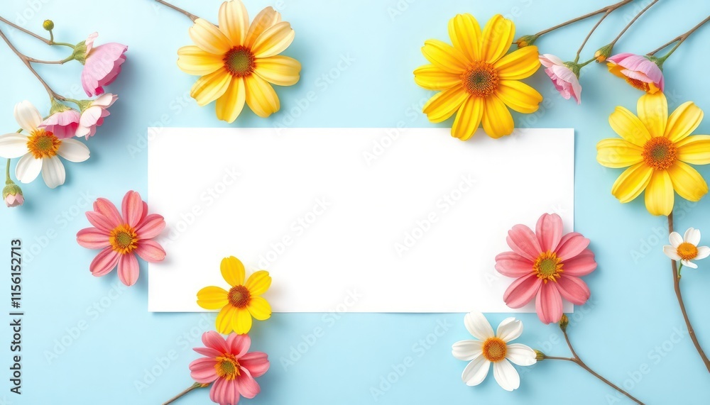 Flat lay design with colorful flowers arranged around blank white paper banner. Vibrant pink yellow, white flowers in various shapes create floral border against light blue background. Blank paper Flat lay design with colorful flowers arranged around blank white paper banner. Vibrant pink yellow, white flowers in various shapes create floral border against light blue background. Blank paper