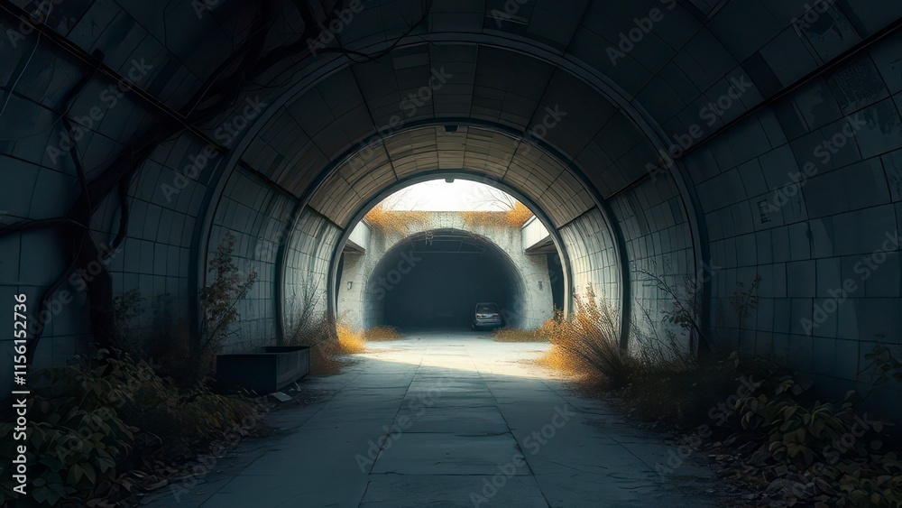Obraz premium Abandoned subway tunnel entrance in urban decay , city streets, dark alleys