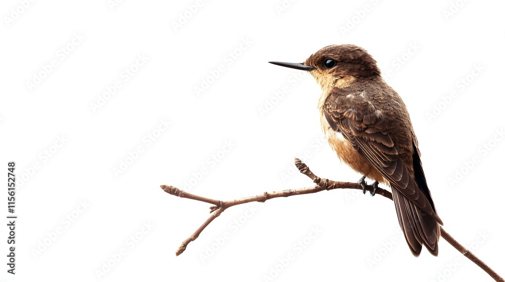 Fototapeta premium Small Brown Bird Perched On A Branch Against White Background
