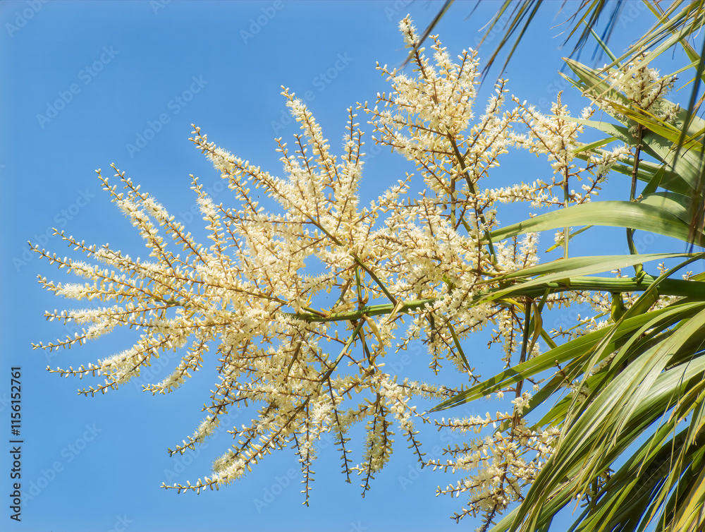 Close-up of blooming palm flowers on a clear blue sky background with delicate white blossoms and tropical aesthetic. Sicily, Italy Close-up of blooming palm flowers on a clear blue sky background with delicate white blossoms and tropical aesthetic. Sicily, Italy