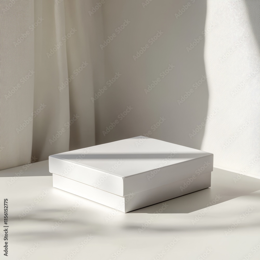 White square box on white surface with sunlight and curtain. White square box on white surface with sunlight and curtain.