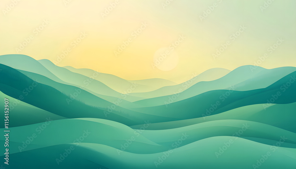 Serene Green Mountains Under a Soft Yellow Sky Serene Green Mountains Under a Soft Yellow Sky