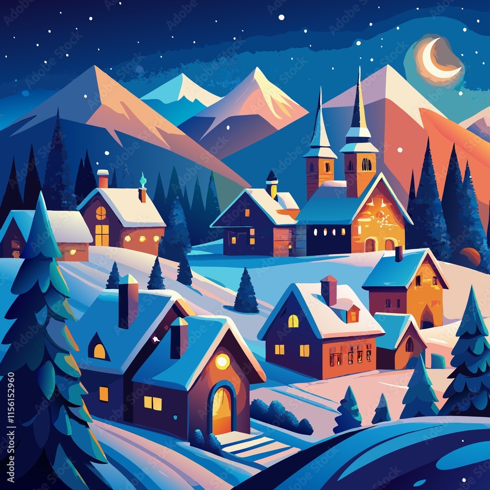 Naklejka premium Vibrant winter village at night, snow-covered festive Christmas scene.