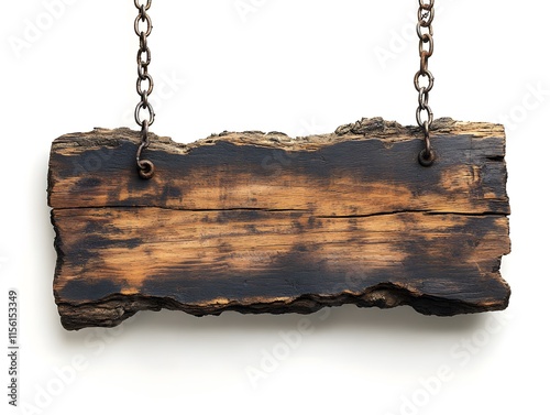 Rustic Wooden Sign with Bark, in Rectangular and Square Shape, Hanging with Chains, on White Background, Abstract Image for Advertising Campaigns, Creatives, Advertisements. photo