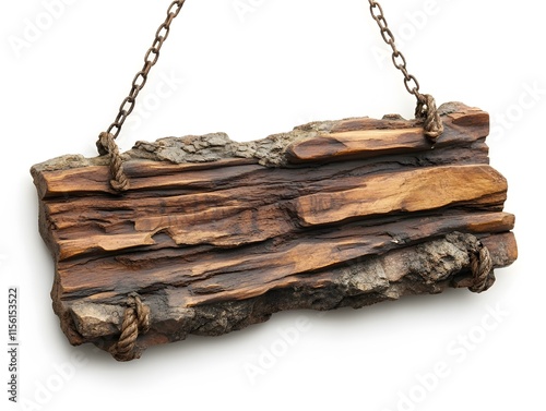 Rustic Wooden Sign with Bark, in Rectangular and Square Shape, Hanging with Chains, on White Background, Abstract Image for Advertising Campaigns, Creatives, Advertisements. photo