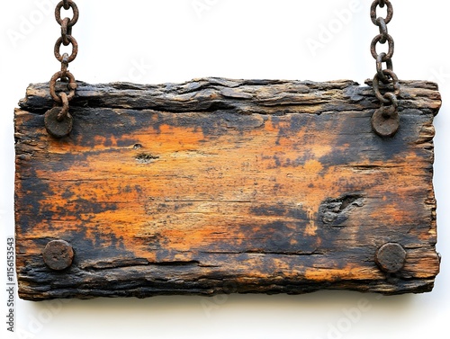 Rustic Wooden Sign with Bark, in Rectangular and Square Shape, Hanging with Chains, on White Background, Abstract Image for Advertising Campaigns, Creatives, Advertisements. photo