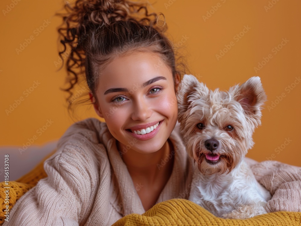 A happy woman sits joyfully on a couch with her cute dog. The warm ambiance complements their cheerful expressions, creating a cozy atmosphere. A happy woman sits joyfully on a couch with her cute dog. The warm ambiance complements their cheerful expressions, creating a cozy atmosphere.