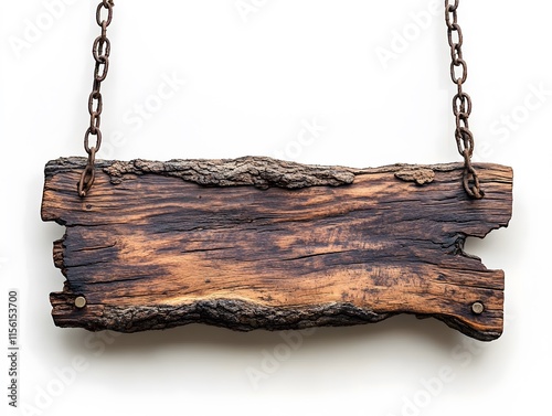 Rustic Wooden Sign with Bark, in Rectangular and Square Shape, Hanging with Chains, on White Background, Abstract Image for Advertising Campaigns, Creatives, Advertisements. photo