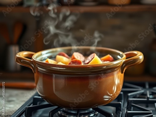 A large ceramic pot filled with simmering potato soup containing sliced vienna sausages on the stovetop, hearty meal, steaming hot, savory aromas photo