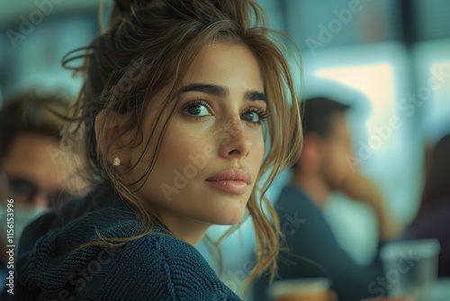 A woman with an attentive expression listens during a business discussion in a professional setting, surrounded by a blurred background. photo