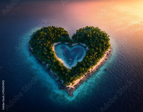 Tropical Island in the Shape of a Love Heart. Aerial View, Travel Concept. Generative AI.
