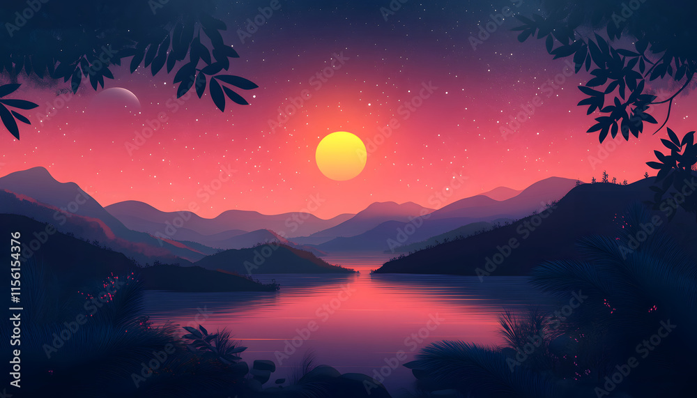 Fototapeta premium Serene Sunset Landscape Over Calm Lake Mountains And Stars
