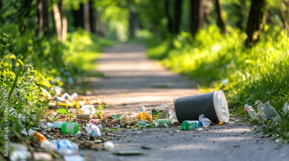 Fototapeta premium Litter along a suburban park path in natural light