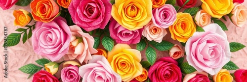 Backdrop of colorful paper roses in shades of pink, red, and yellow, bloom, artificial, backdrop