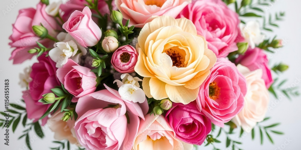 Close up shot of delicate pink and white ranunculus flowers in full bloom, romance, colorful Close up shot of delicate pink and white ranunculus flowers in full bloom, romance, colorful