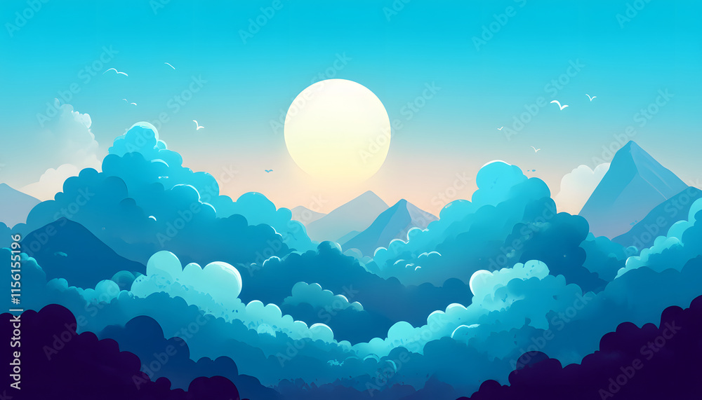 Fototapeta premium Serene Blue Mountainscape With Sun And Clouds