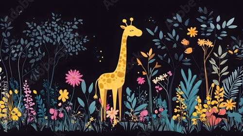 Yellow Giraffe In Colorful Floral Night Garden Illustration photo