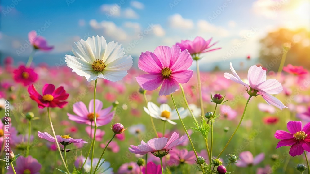 Vibrant Cosmos flower field with delicate petals and gentle sway in the breeze , floral arrangement, nature's beauty