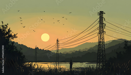 Serene Sunset Landscape With Person And Power Lines