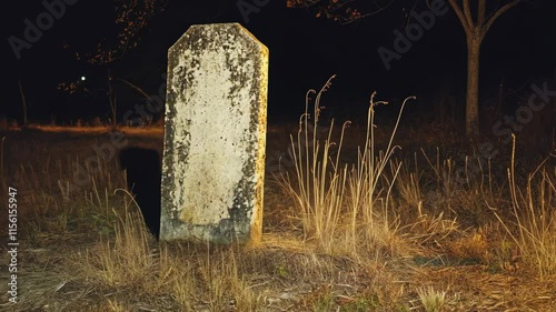 Haunted gravestone illuminated at night among dried grass in a secluded area