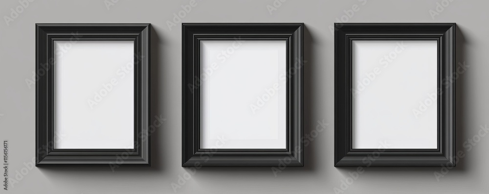 Three black frames on gray wall, mockup. Three black frames on gray wall, mockup.