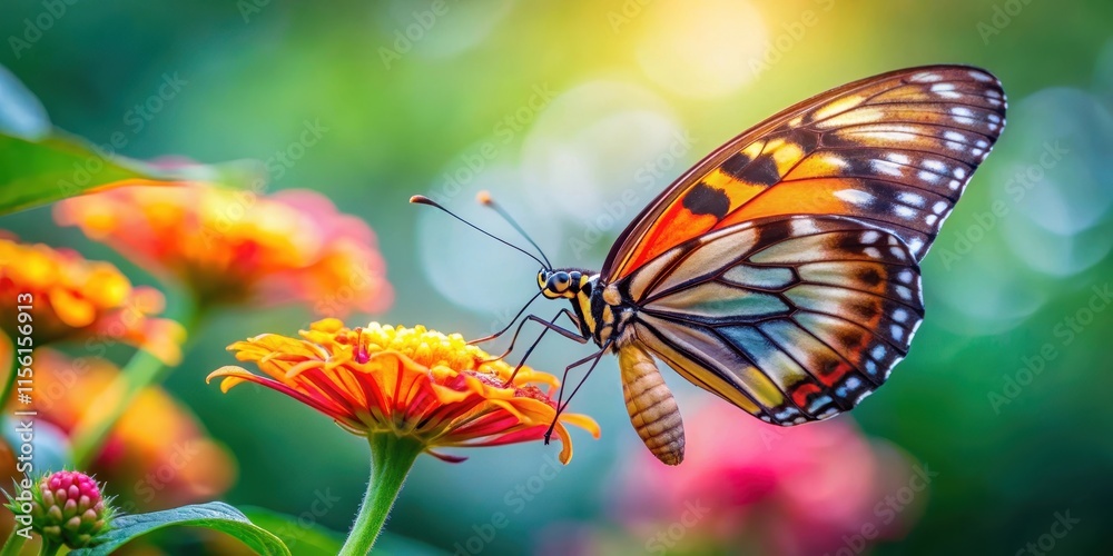 Fototapeta premium A delicate butterfly with intricate wings perched on a colorful flower, its proboscis extended as it sips nectar, insect, bloom