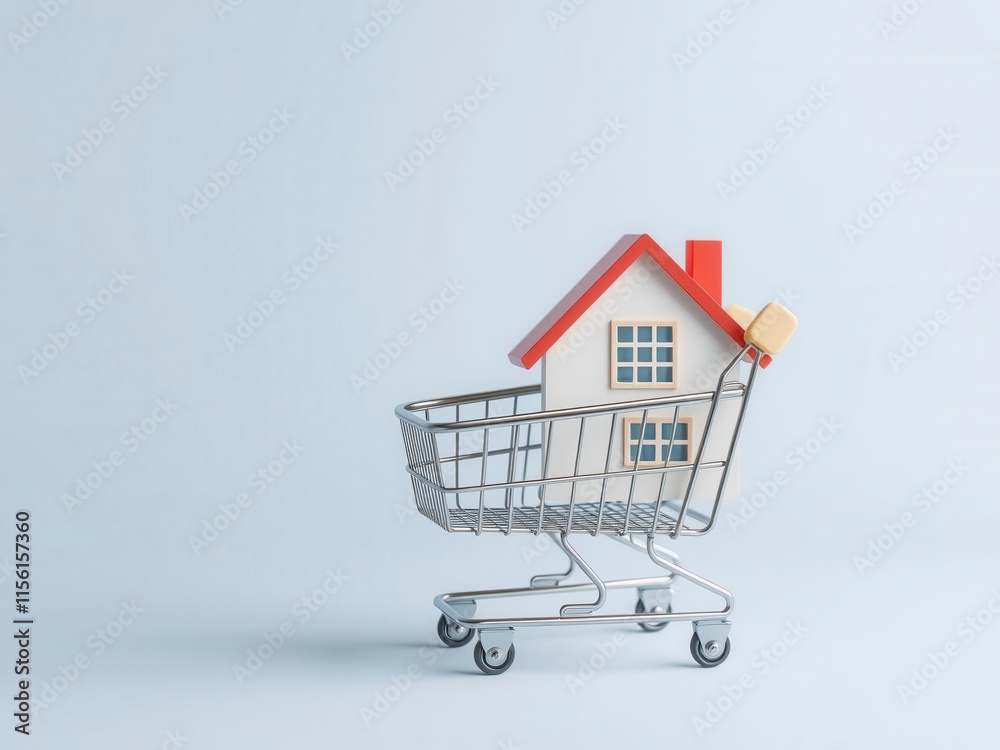 Mock up house in shopping cart symbolizing home buyer concept, buying, mock up house, finance Mock up house in shopping cart symbolizing home buyer concept, buying, mock up house, finance