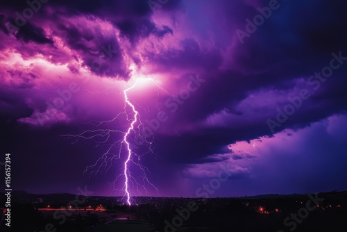 Dramatic purple lightning strike over dark landscape at night.