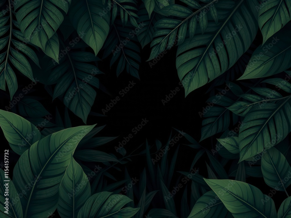 Fototapeta premium Dark and mysterious pattern featuring exotic leaves, foliage, dark, exotic