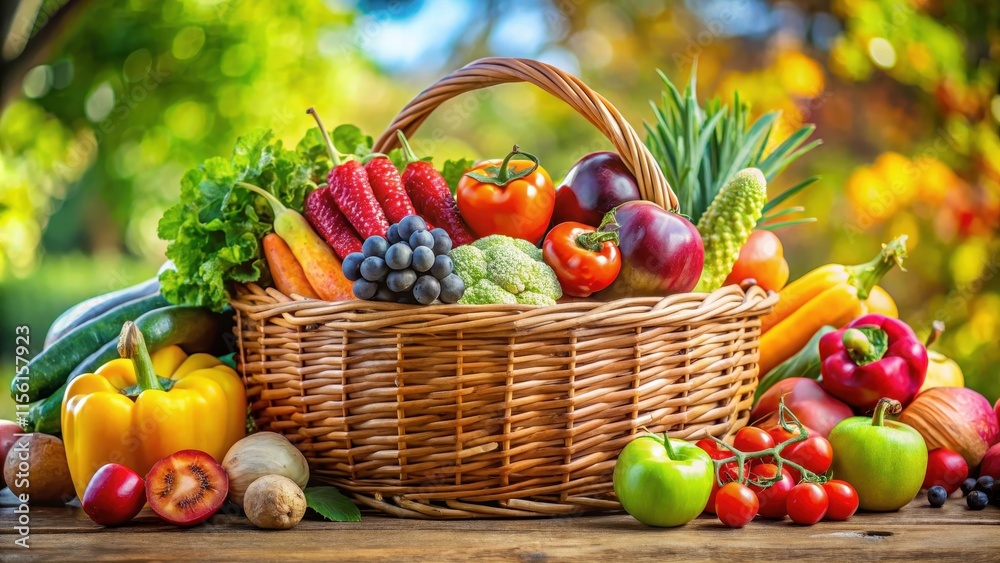 Freshly harvested basket overflowing with vibrant colors of seasonal fruits and vegetables, healthy, seasonal Freshly harvested basket overflowing with vibrant colors of seasonal fruits and vegetables, healthy, seasonal