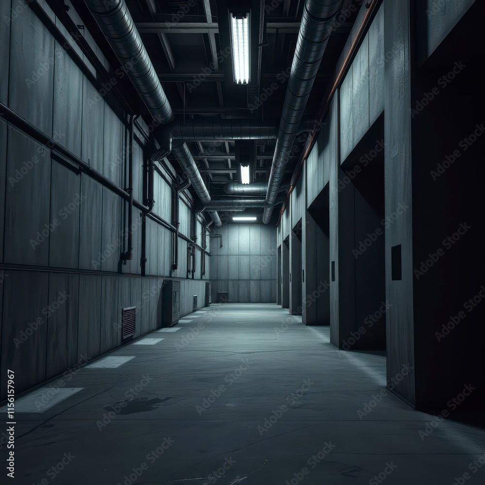 Obraz premium Dark grey industrial concrete background with exposed ductwork, workshop, structure, building