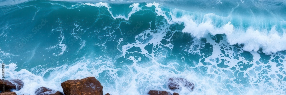 Fototapeta premium Powerful sea water ocean wave crashing on rocky shore during storm, crashing, storm
