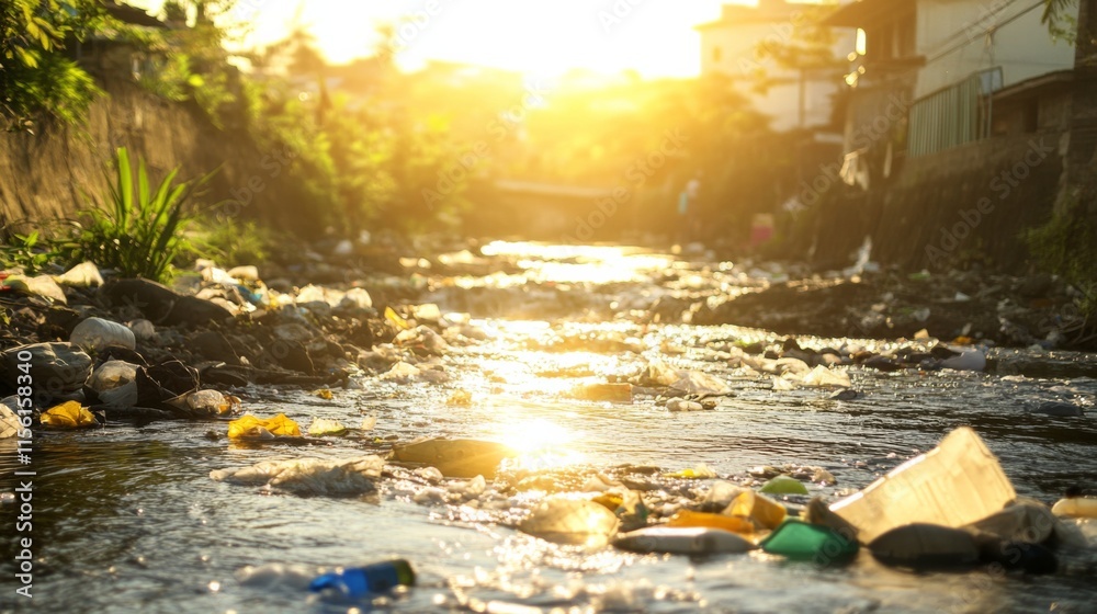Waste Floating in Busy River Under Bright Sunlight Waste Floating in Busy River Under Bright Sunlight