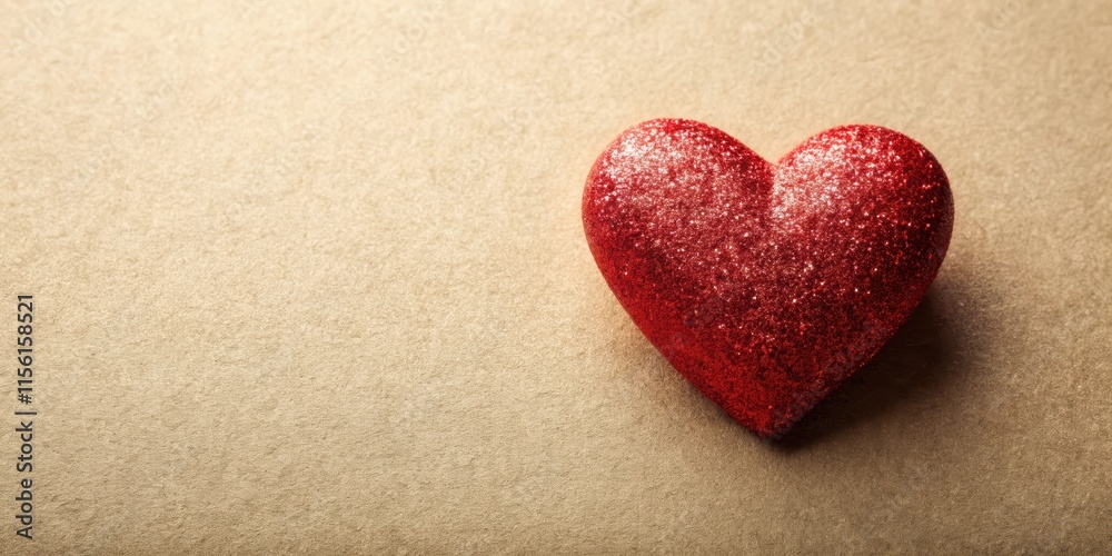 Glittering red heart on a neutral-colored paper background with subtle texture , Valentine's Day, love Glittering red heart on a neutral-colored paper background with subtle texture , Valentine's Day, love
