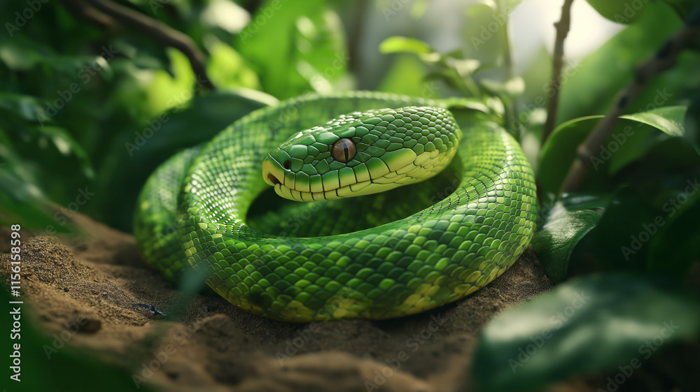 Green snake coiled on soft soil amidst lush greenery, illuminated by natural sunlight in a tropical setting Green snake coiled on soft soil amidst lush greenery, illuminated by natural sunlight in a tropical setting