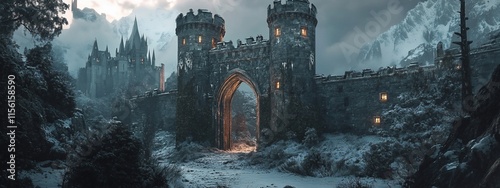 Snow-covered medieval castle gate, pathway leading to a distant fortress, winter landscape.