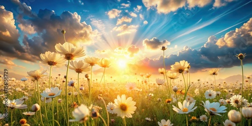 Fototapeta Naklejka Na Ścianę i Meble -  A warm golden light pours down on a field of soft pastel flowers under a clear blue sky with puffy white clouds