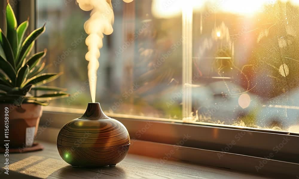 Wooden diffuser emits vapor on sunlit windowsill beside plant