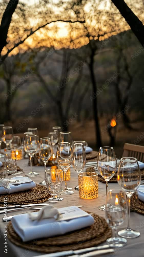 Elegant outdoor dining setup at sunset with candles and glassware in a serene forest setting