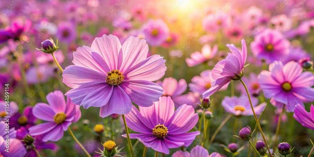 A field of cosmos flowers with delicate purple petals and yellow centers stretching as far as the eye can see in a warm sunlight background , garden, blooming A field of cosmos flowers with delicate purple petals and yellow centers stretching as far as the eye can see in a warm sunlight background , garden, blooming