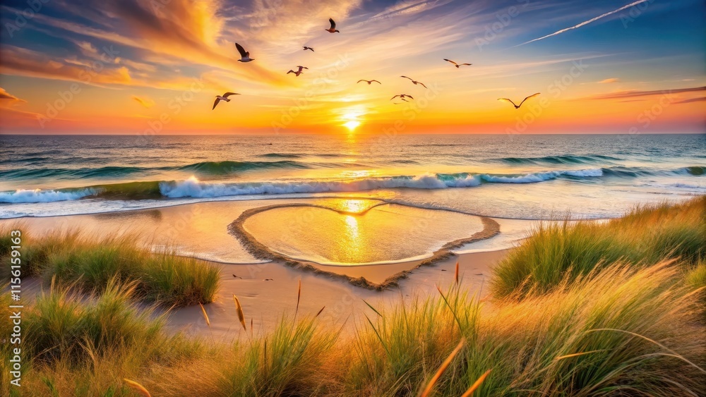 Gentle ocean waves carve a heart shape in the sand at sunset Gentle ocean waves carve a heart shape in the sand at sunset