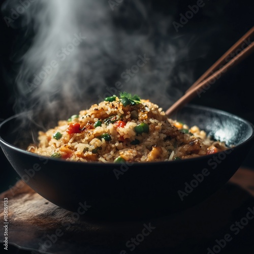 Steaming hot long grain fried rice with vegetables and chopsticks